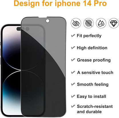 PEHAEL 2+2 Pack for iPhone 14 Pro Privacy Screen Protector with Camera Lens Protector Full Coverage Anti-Spy Tempered Glass Film 9H Hardness Easy Installation Bubble Free [6.1 inch]