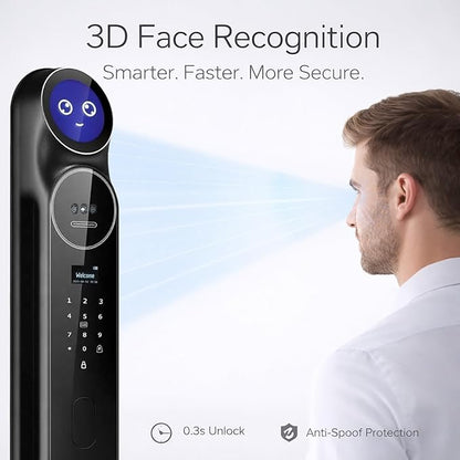 3D Face Recognition Smart Door Lock with Camera: AI Voice commandes, Video Intercom, Palm Vine, Tuya App Access, Biometric Fingerprint& Keyless Entry, Heavy Duty, Aluminum, for Home & Office