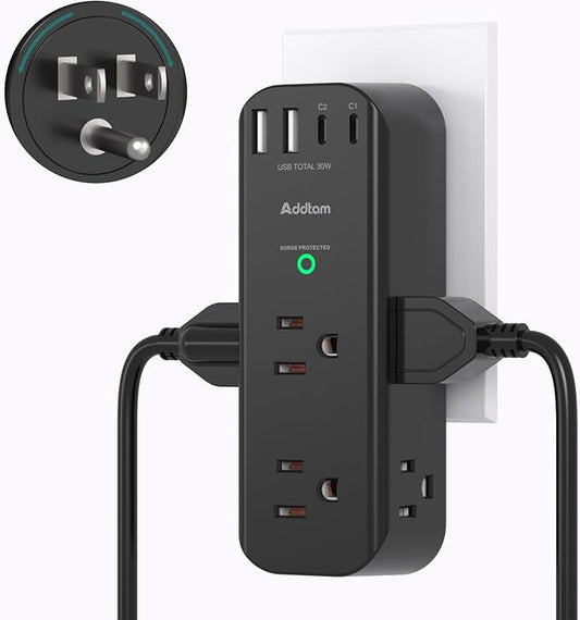 Addtam PD 30W Surge Protector Outlet Extender, 6 Outlets 4 USB, Black