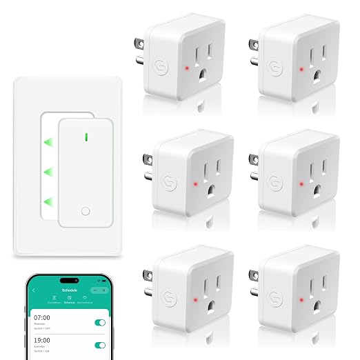 NineLeaf Slim WiFi Smart Plug w Switch, Remote App Control, 15A/1500W, Compatible with Alexa/Google Home via Tuya, Compact Design Control Anywhere,Timer/Schedule, TUV FCC, 2.4G Only(1Remote 6Outlets)