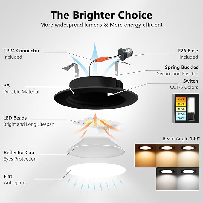 LVWIT Black LED Recessed Light 4 Inch, Can Lights Color Selectable 2700/3000/4000/5000/6000K 5CCT, 6W=85W,700LM,Dimmable Downlight with E26 Conversion Kit, 6 Pack,IC Rated