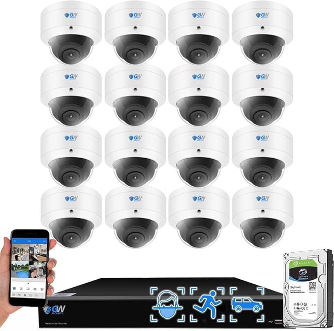 GW Security 16 Channel 12MP NVR UltraHD 4K Face/Human/Vehicle Detection PoE Security Camera System with 16 x 8MP IP Microphone AI Dome Camera, 100ft Night Vision, Outdoor/Indoor Surveillance Camera