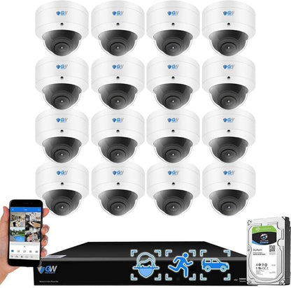 GW Security 16 Channel 12MP NVR UltraHD 4K Face/Human/Vehicle Detection PoE Security Camera System with 16 x 8MP IP Microphone AI Dome Camera, 100ft Night Vision, Outdoor/Indoor Surveillance Camera
