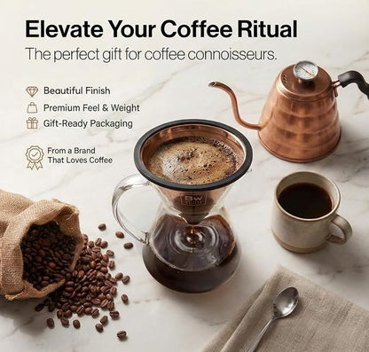 Barista Warrior Reusable Coffee Filter - Stainless Steel Pour Over Dripper, Compatible for Chemex, Hario V60 & Drippers, Easy to Clean Flavorful Brew Fine Mesh Coffee Filter - Copper