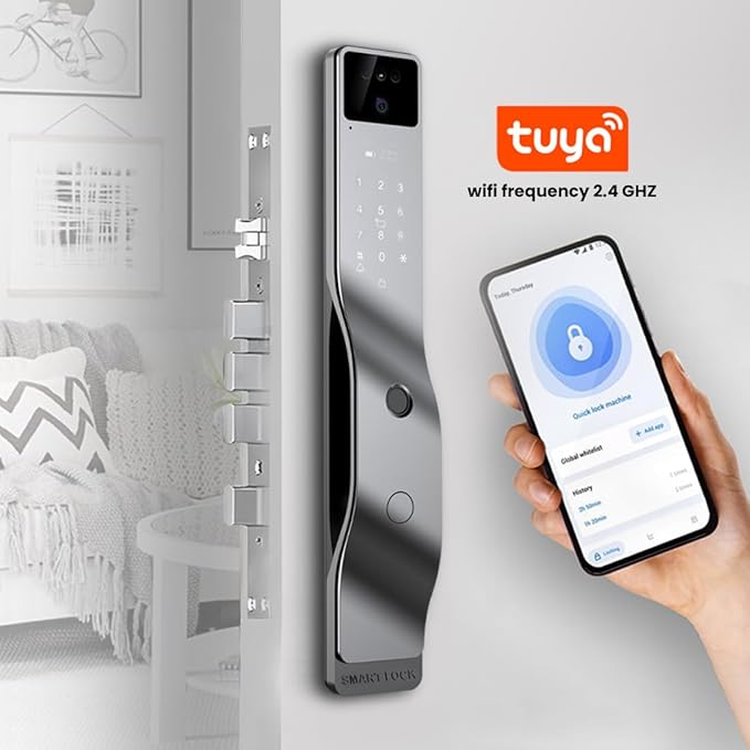 Smart Door Lock with Camera, 3D Face Recognition, Biometric Palm Vein Keyless Entry Deadbolt, Video Doorbell Intercom, Fingerprint, Passcode, Card, Touchscreen Keypad, Tuya App, Alexa, Front Door Home