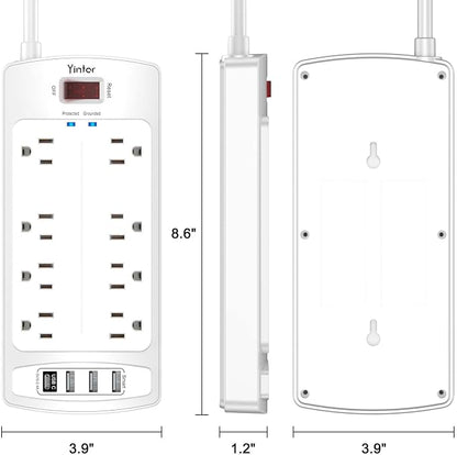 Yintar 6Ft Surge Protector Power Strip with 8 Outlets and 4 USB Ports | 6 Feet Flat Plug Extension Cord with Multiple Outlets for Home, Office, Dorm Essentials, 2700 Joules, ETL, White