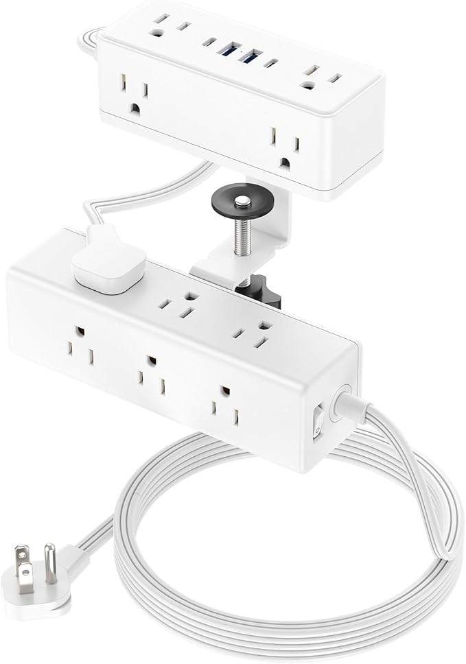 Dual Layer Desk Clamp Power Strip, Desktop Edge Mount Surge Protector with 15 AC Outlets & 4 USB Ports(20W USB-C), Ultra Thin Flat Plug & 10FT Power Cord for Office Home(ETL Listed)