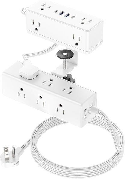 Dual Layer Desk Clamp Power Strip, Desktop Edge Mount Surge Protector with 15 AC Outlets & 4 USB Ports(20W USB-C), Ultra Thin Flat Plug & 10FT Power Cord for Office Home(ETL Listed)