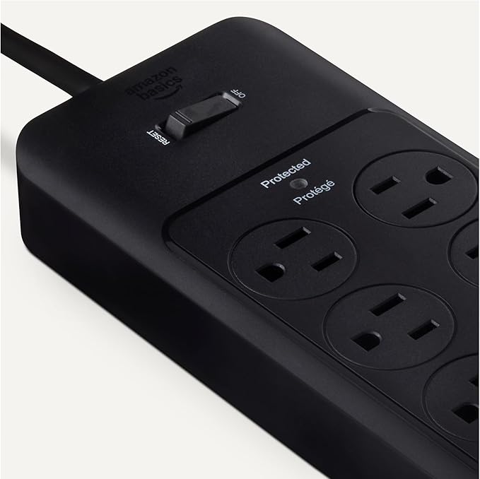 Amazon Basics 12-Outlet Surge Protector Power Strip, 4000 Joules, 8ft Extension Cord, Rectangle, for Home, Office, Gaming Room, Black