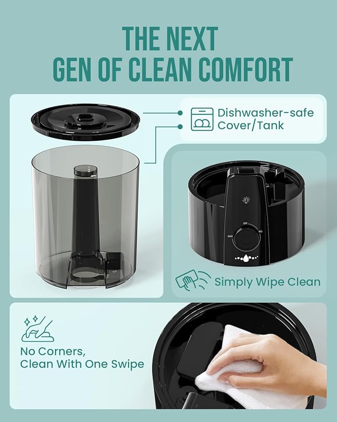Humidifiers for Bedroom,1.06Gal(4L) Dishwasher Safe Design Easy to Clean, 3-in-1 Humidifier & Aroma Diffuser & Night Light,Top Fill,360° Ultra-Fine Spray,Auto Shut-Off,Home,Baby Nursery,Black