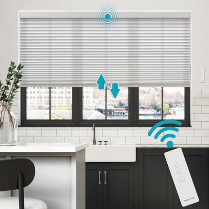 BlindsAvenue Simply Motorized Cellular Shades with Remote Control, Automatic Electric Cordless Wireless Blinds for Indoor Window, Light Filtering Blind, Color: White Dove, Size: 67" W x 72" L