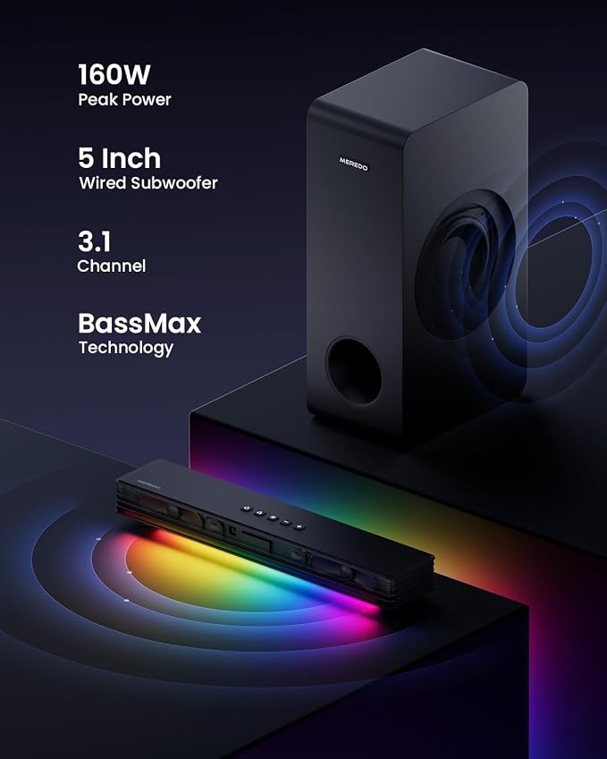 MEREDO Sound Bar for Smart TV 160W 3.1CH PC Gaming Soundbar with Subwoofer RGB Lighting Audio Sync Surround Sound System BT 5.3/HD-ARC/Optical/AUX/USB for Desktop Tablets Consoles Home Cinema