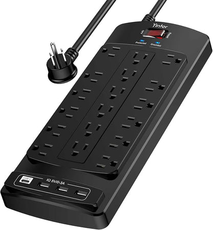 Yintar 6Ft Surge Protector Power Strip with 18 Outlets and 4 USB Ports | 6 Feet Flat Plug Heavy Duty Extension Cord with Multiple Outlets for Home, Office, Dorm Essentials, 2100 Joules, ETL, Black