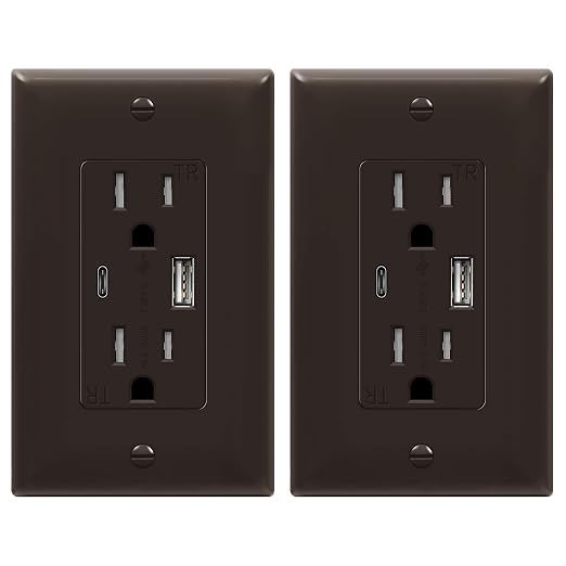 TOPGREENER 2-Port USB Outlet, 4.2A Type C USB Wall Outlet, Brown, 2 Pack | UL Listed, 15 Amp TR Receptacle Plug, USB Receptacle, Charging Power Outlet with USB C&A Ports, Wall Plate Included