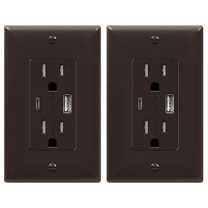 TOPGREENER 2-Port USB Outlet, 4.2A Type C USB Wall Outlet, Brown, 2 Pack | UL Listed, 15 Amp TR Receptacle Plug, USB Receptacle, Charging Power Outlet with USB C&A Ports, Wall Plate Included