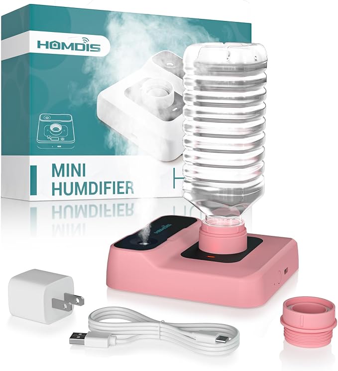 Travel Humidifier, Portable Small Humidifier for Plants, Bedroom, Office, Hotel or Car, Battery Operated Mini Cool Mist Humidifiers, Quiet 23dB, Auto-off, Night Light and BPA-Free, Pink