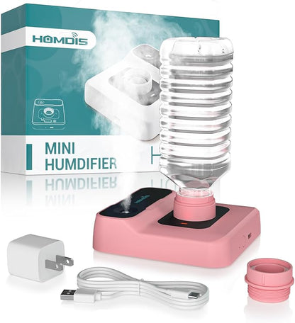 Travel Humidifier, Portable Small Humidifier for Plants, Bedroom, Office, Hotel or Car, Battery Operated Mini Cool Mist Humidifiers, Quiet 23dB, Auto-off, Night Light and BPA-Free, Pink