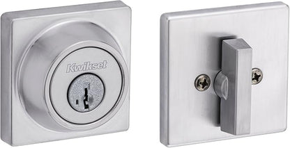 Kwikset 660 Contemporary Deadbolt Deadbolt Lock, Satin Chrome Square Exterior Keyed Front Entry Door, Pick Resistant SmartKey Rekey Security, Single Cylinder Dead Bolt