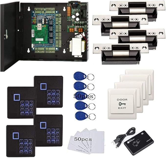 4 Doors Complete TCP/IP PIN Code RFID Card/Fob Access Control Systems with North American Standard Electric Strike for Latch Doors Keypad Reader 110V Power Supply APP Remote Open Door