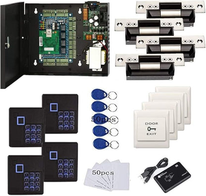 4 Doors Complete TCP/IP PIN Code RFID Card/Fob Access Control Systems with North American Standard Electric Strike for Latch Doors Keypad Reader 110V Power Supply APP Remote Open Door