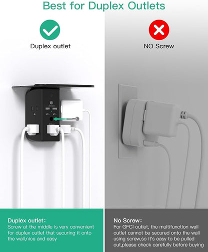 Wall Outlet Extender with Shelf and Night Light, Surge Protector, USB Wall Charger with 5 AC Outlets and 2 USB A Ports 2 USB C Ports Wide Space 3-Sided Power Strip Multi Plug Outlets, Black