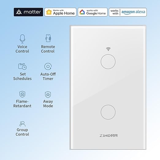 Smart Matter Light Switch, ZINDRA 2.4G WiFi Touch Wall Switch (Neutral Wire Required), Single-Pole Smart Switch Works with Apple Home, Alexa, Google Home & SmartThings, Tempered Glass Panel, White