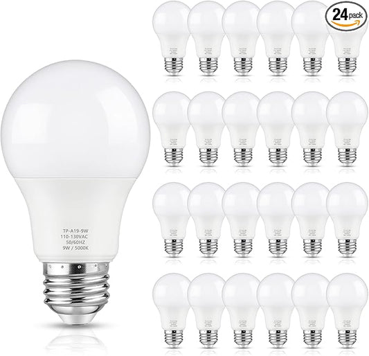 Maylaywood A19 LED Light Bulb, 60 Watt Equivalent, 5000K Daylight White, 900LM, E26 Base, Dimmable, 9W Bright White, 24-Pack