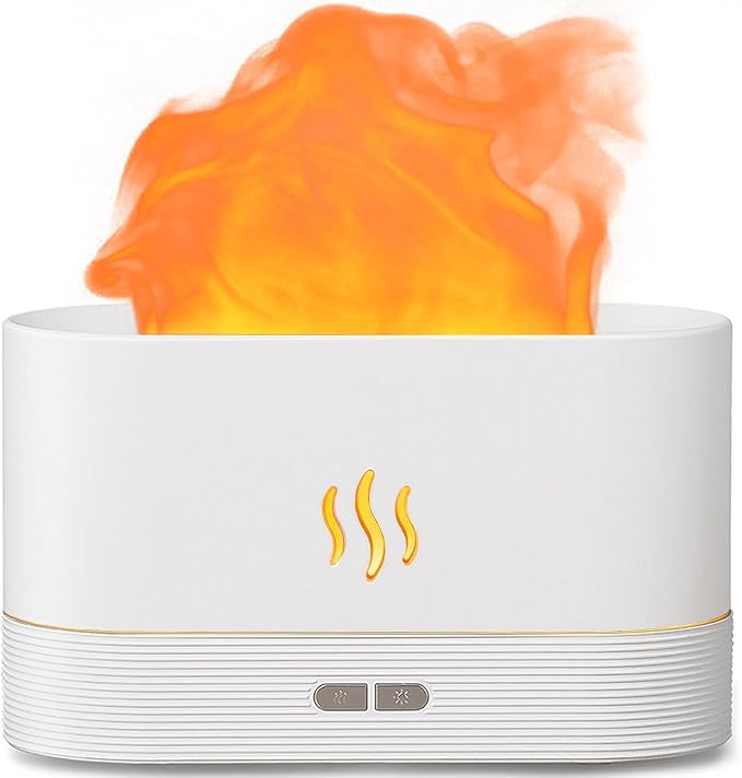 Aegci Essential Oil Diffuser Humidifer with Flame Light Effect, 180ml Air Diffuser for Essential Oils, Humidifiers for Bedroom with 2 Brightness, Auto-Off Function(White)