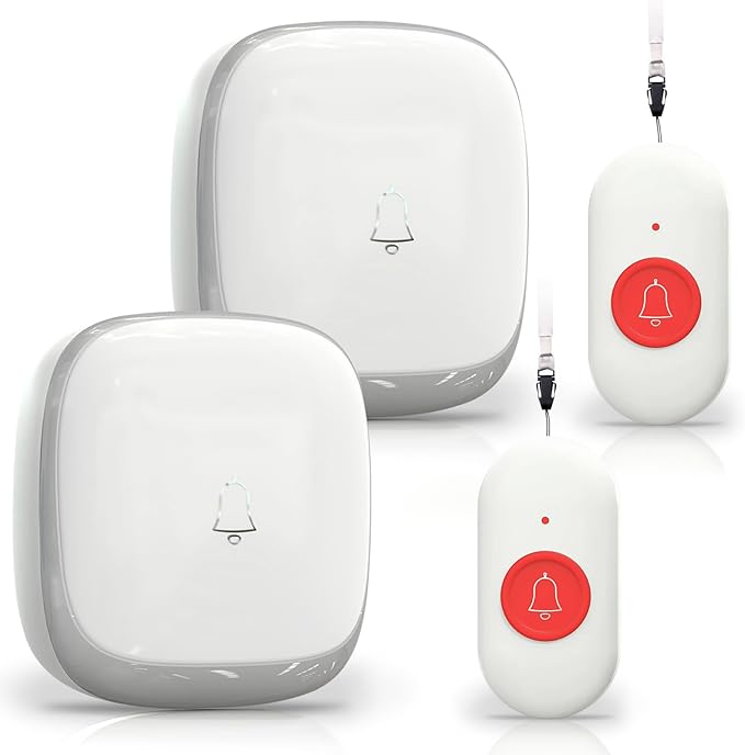 Call Button for Elderly at Home, Caregiver Pager | Fall Alert Devices for Elderly 500+ft for Home/Elderly/Pregnant Women/Disabled, 2 Receiver+2 Transmitters
