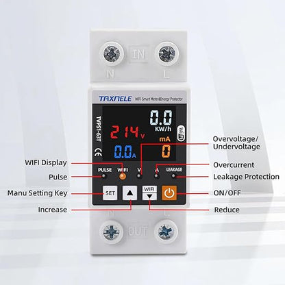 TUYA WiFi Smart Energy Meter AC 63A 85-300V WiFi Smart Earth Leakage Over Under Voltage Protector Electricity Energy Monitor APP Remote Control Smart Life 230V 110V Compatible with Alexa Google Home