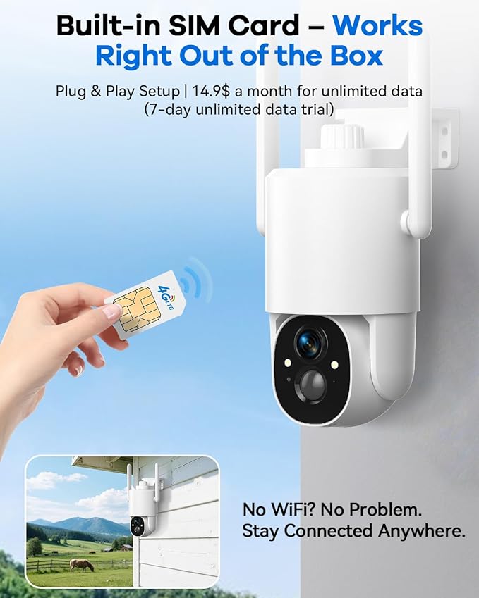 Thybro 4G LTE No WiFi Outdoor Surveillance Camera - Solar Powered, HD 2K, Motion Detection, 360° PTZ, Night Vision, Wireless, DIY Installation for Home, Farm & Business