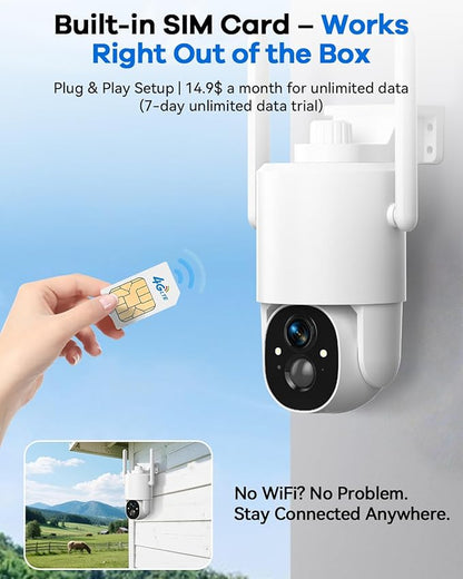 Thybro 4G LTE No WiFi Outdoor Surveillance Camera - Solar Powered, HD 2K, Motion Detection, 360° PTZ, Night Vision, Wireless, DIY Installation for Home, Farm & Business