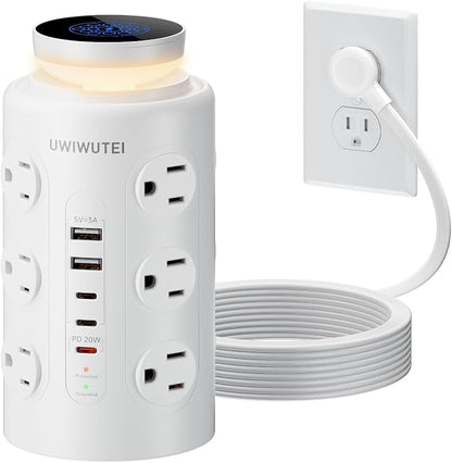 Tower Power Strip with Night Light,PD20W USB C Power Strip Tower with Multiple Outlets,12 Outlets,5 USB Ports (3 USB-C), 10FT Extension Cord Desk Charging Station for Home,Office,Dorm Essentials,White