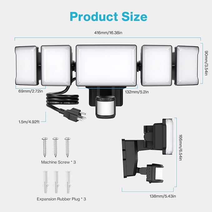 Olafus 180W Motion Sensor Outdoor Light Plug in, 18000LM Motion Flood Light Dusk to Dawn, IP65 Waterproof Exterior LED Security Lights, 5 Heads Motion Detector Yard Lights for Garage Backyard - Black