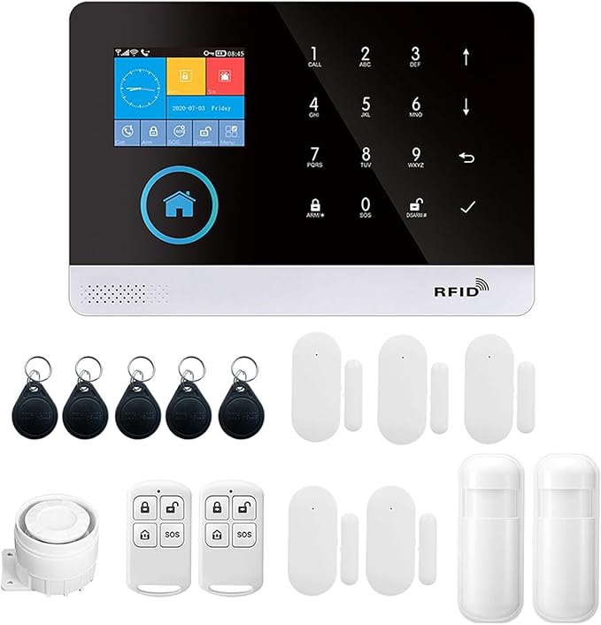 Matybobe WiFi GSM Home Alarm Security System, 2.4in LCD Wireless DIY Smart Home Burglar Security Alarm System 16 Piece Kit, Compatible with Alexa Home Voice Control for Home Security