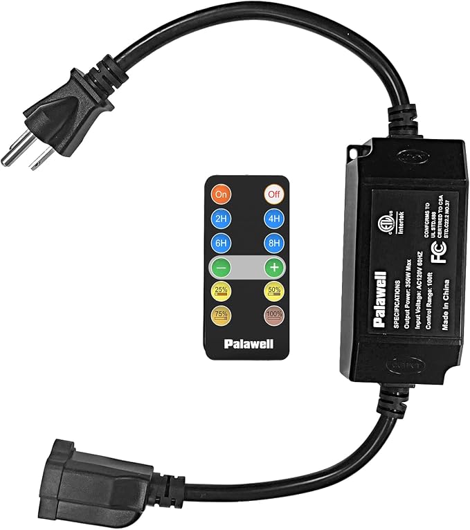 Outdoor Dimmer, 350W 100Ft Dimmer Switch for String Lights Dimmable Brightness 25% 50% 75% 100%,Outdoor String Light/LED Bulb Timer 2H 4H 6H 8H