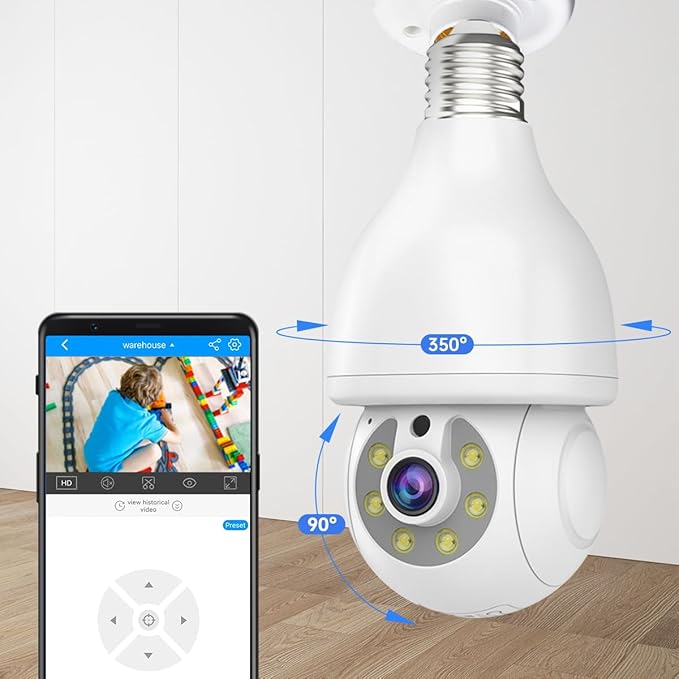 EVERSECU HD 2K 3.0MP Wireless Lightbulb Security Camera with E27 Light Connector, Motion Auto Tracking PTZ, 2 Way Audio, Spotlight Night Vision, Free APP, WiFi Screw-in CCTV Camera, White(4pack)