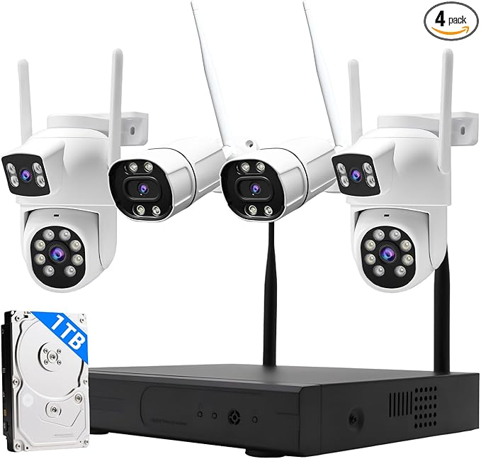 Wireless Security Camera NVR System, 2 Bullet Cam + 2 Dome Cam, 6 Screen Max. up to 16CH, 2K HD 3MP View, Dual-Band WiFi Connection, Smart Color Night Vision, 1TB HDD Local Storage
