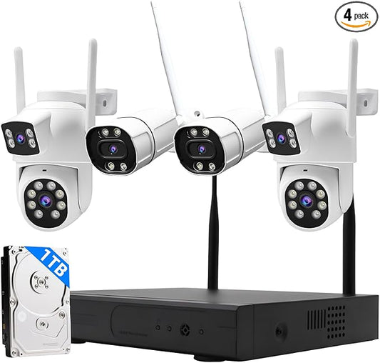 Wireless Security Camera NVR System, 2 Bullet Cam + 2 Dome Cam, 6 Screen Max. up to 16CH, 2K HD 3MP View, Dual-Band WiFi Connection, Smart Color Night Vision, 1TB HDD Local Storage