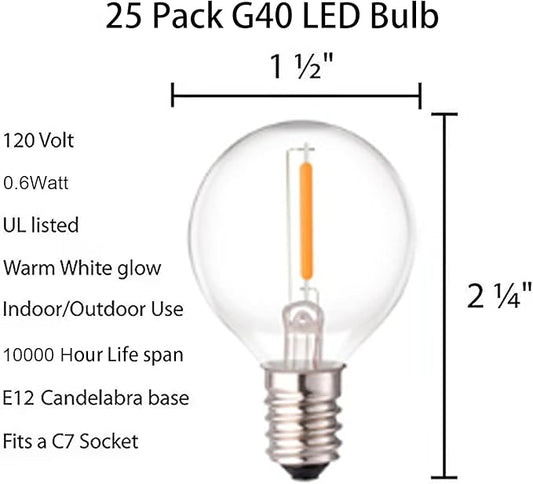 G40 LED Replacement Bulbs for Outdoor String Lights, 0.6W Dimmable Shatterproof Globe Bulbs, E12 Candelabra Base, Warm White, 25-Pack