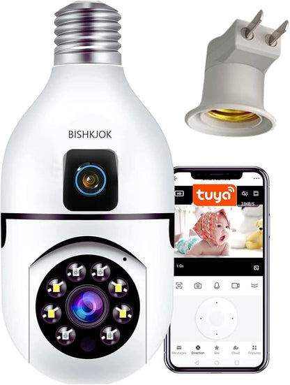 6MP Dual-Lens Light Bulb Security Camera, TUYA Indoor 360° Pan/Tilt WiFi Cam with Auto Tracking, Color Night Vision, Motion Alerts, 2-Way Audio, Pet/Baby Monitor, E27 Socket