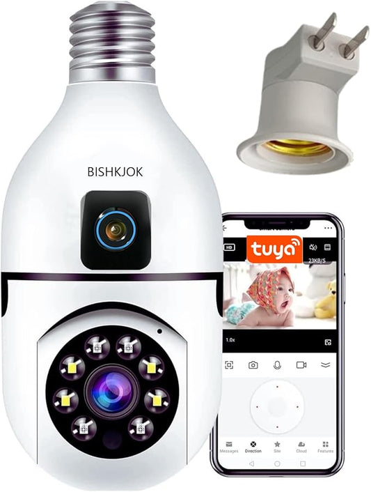 6MP Dual-Lens Light Bulb Security Camera, TUYA Indoor 360° Pan/Tilt WiFi Cam with Auto Tracking, Color Night Vision, Motion Alerts, 2-Way Audio, Pet/Baby Monitor, E27 Socket