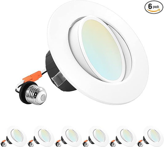 LUXRITE 4 Inch Gimbal LED Recessed Lighting Can Lights, 8W=60W, 5 Color Selectable 2700K-5000K, CRI 90, Dimmable Adjustable LED Downlight, 700 Lumens, Wet Rated, Energy Star, ETL Listed (6 Pack)
