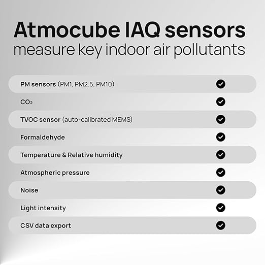 Atmocube Professional 12-in-1 Indoor Air Quality Monitor – CO2, PM2.5, Formaldehyde (CH2O), TVOCs, NOx, Noise & Light Sensor – Wi-Fi, Ethernet & PoE Connectivity – Real-Time Smart Cloud Dashboard