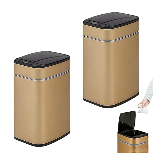 Garbage Can with Lid, Intelligent Sensor Opening and Closing, Small Garbage Can for Living Room, Bedroom, Kitchen and Bathroom (2, Square Gold)