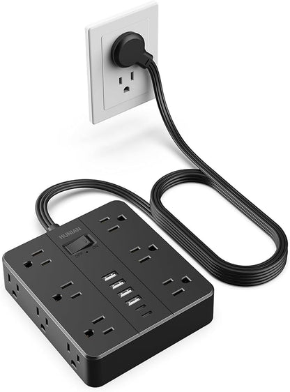 Power Strip Extension Cord, 10Ft Power Strip with USB | HUNIAN 12 Widely Spaced Outlets 6 USB Charger (2 USB C Ports), Desk Charging Station for Home Office Supplies, Black