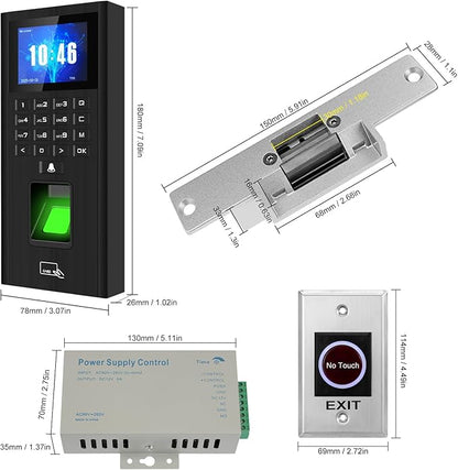 Complete Biometric Fingerprint Security Access Control System Kit, RFID T9 Keyboard Door Lock,Time and Attendance System,Smart Remote Control Door Opener,NC Cathode Lock,Doorbell,Sensor Switch