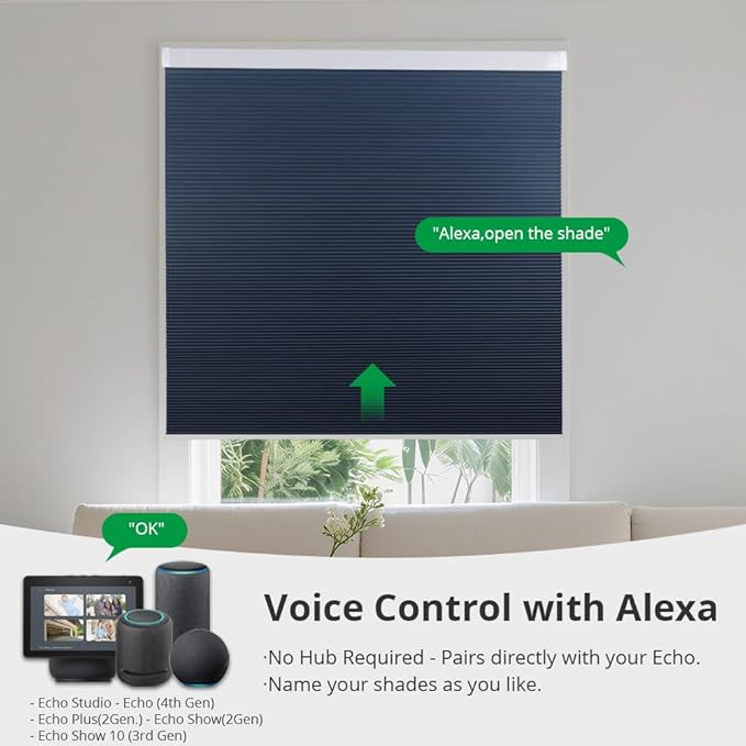 Motorized Cellular Shades with Remote Blackout Honeycomb Smart Blinds Options for Indoor Windows, Remote/Alexa/Matter Compatible, Easy DIY Installation (Blue)