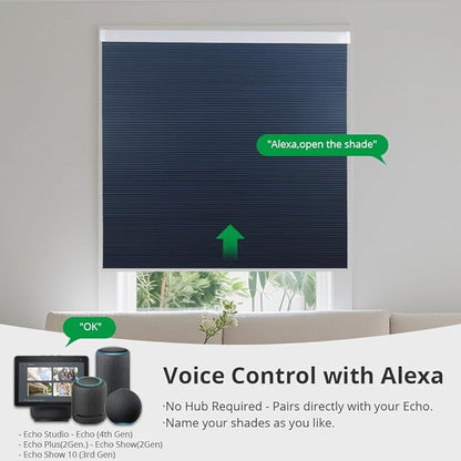 Motorized Cellular Shades with Remote Blackout Honeycomb Smart Blinds Options for Indoor Windows, Remote/Alexa/Matter Compatible, Easy DIY Installation (Blue)