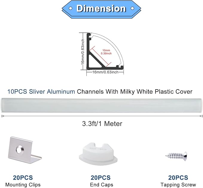 VST 10pack 3.3ft LED Channel, V Shape Led Diffuser Channel, LED Aluminum Channel System with Milky Cover, End Caps and Mounting Clips, Aluminum Profile for LED Strip Light Very Easy Installation